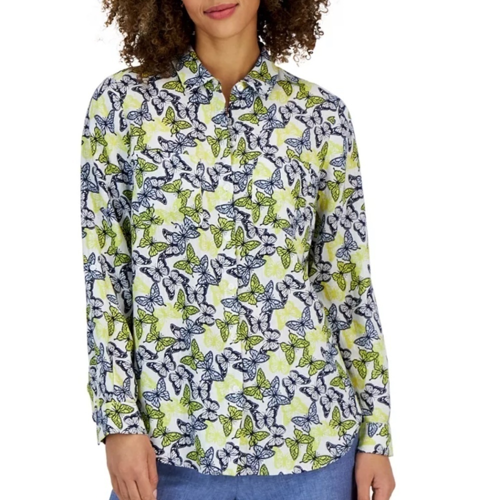 Charter Club Women's White Yellow Navy 100% Linen Butterfly Tab-Sleeve Shirt XL